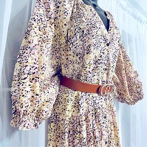 Time and Tru Cream and Pink Leopard Midi Dress